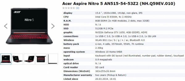 Acer готовит ноутбук на Coffee Lake Refresh с видеокартой GeForce GTX 1650"
