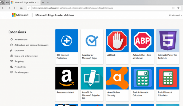 Microsoft обновила сайт с расширениями для нового Edge"