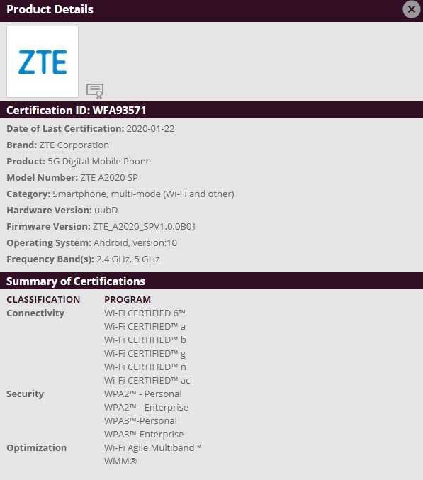 Смартфон ZTE Axon 10s Pro 5G обеспечит поддержку Wi-Fi 6"