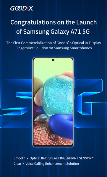 Samsung Galaxy A71 5G получит подэкранный дактилоскопический сенсор Goodix"