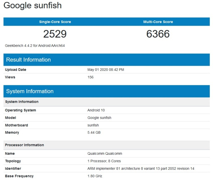Смартфон Google Pixel 4a замечен в базе бенчмарка Geekbench"